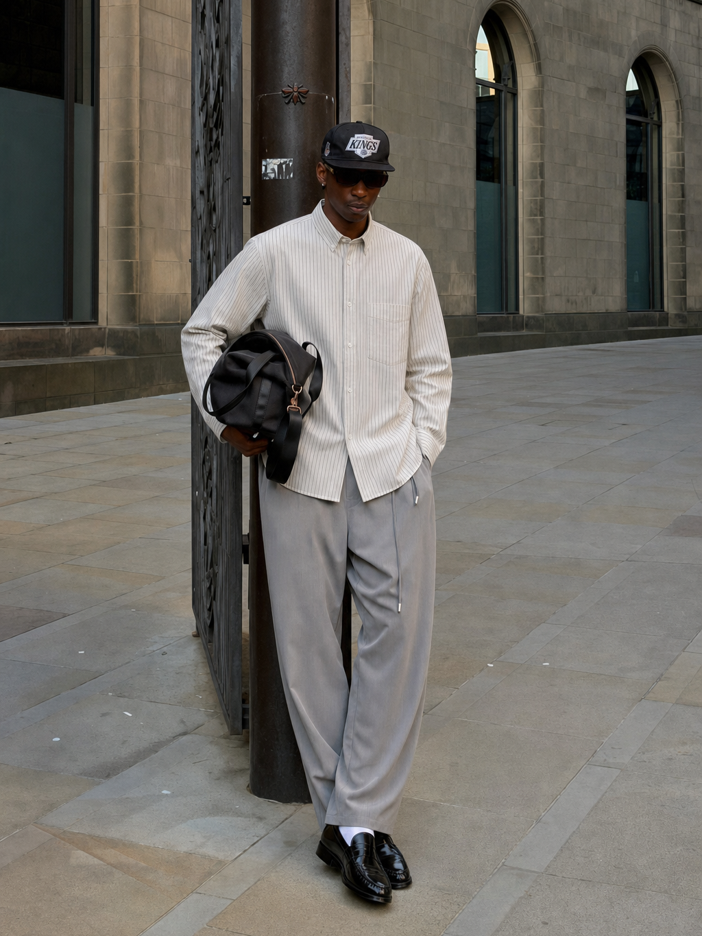 Classic Oxford Stripe Shirt – Ash – model front