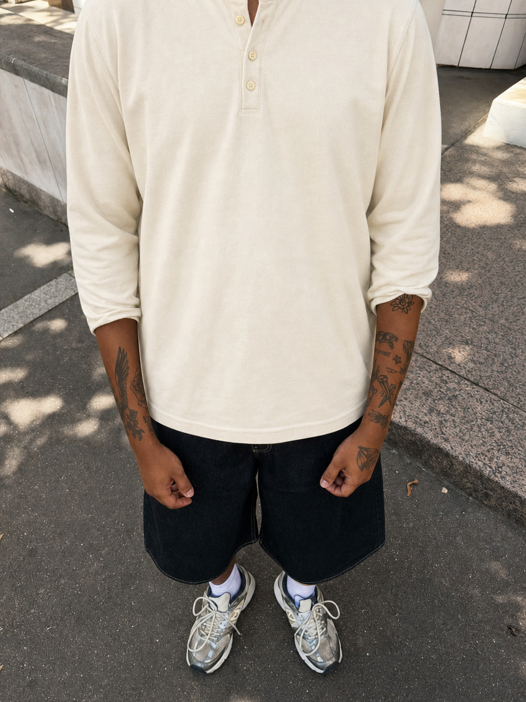 Classic Henley Long Sleeve – Oat – model front