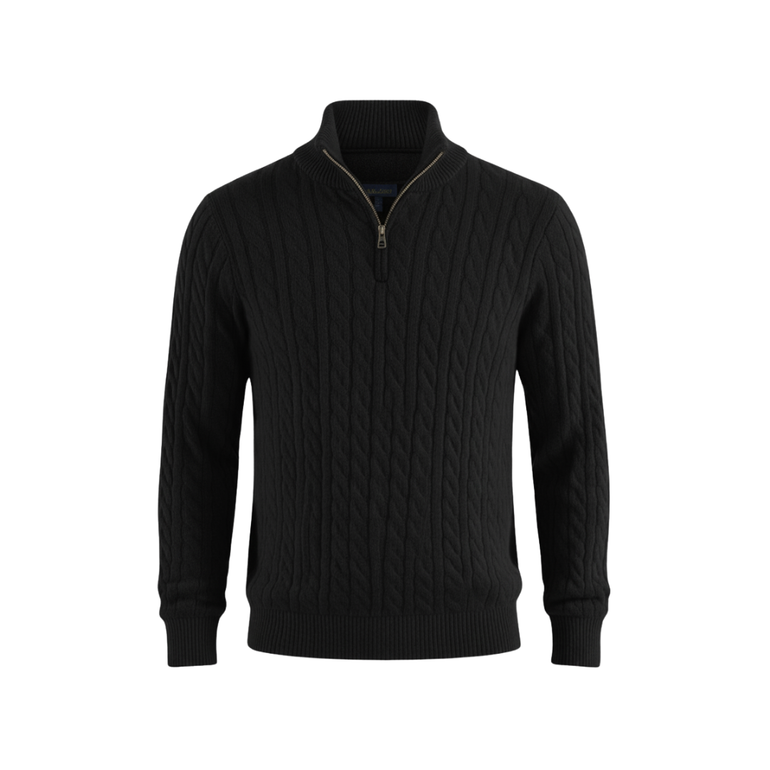 Heritage Cable Knit Quarter-Zip Sweater – Noir Black