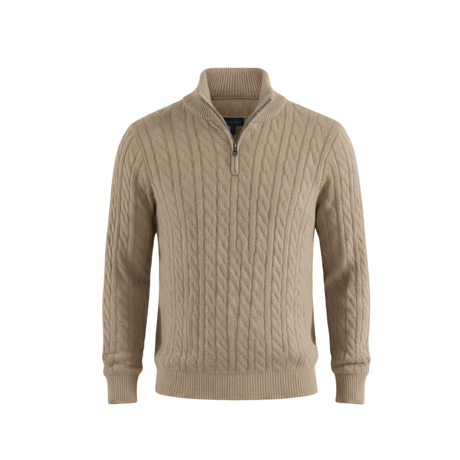 Heritage Cable Knit Quarter-Zip Sweater – Beige