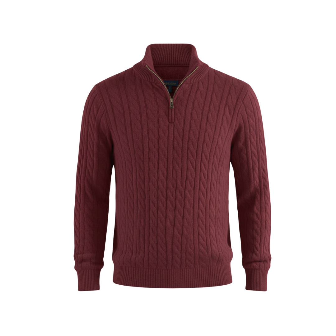 ZIPPED CABLE SWEATER BURGANDY