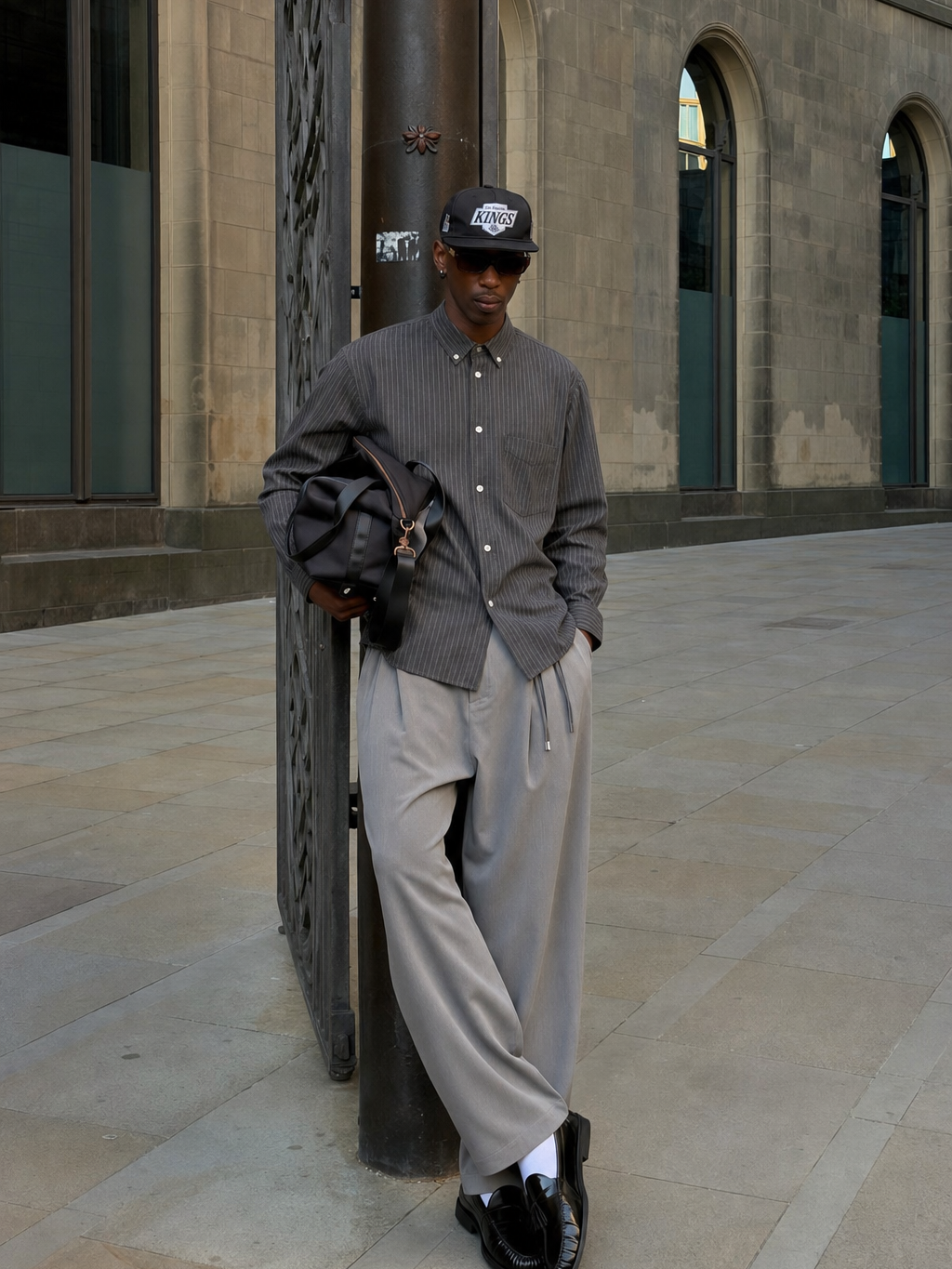 Classic Oxford Stripe Shirt – Charcoal – model front