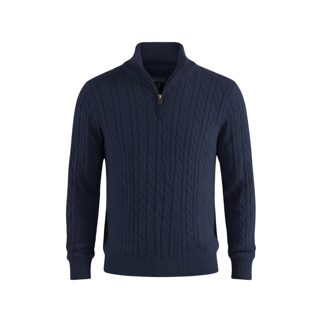 Heritage Cable Knit Quarter-Zip Sweater – Navy Blue