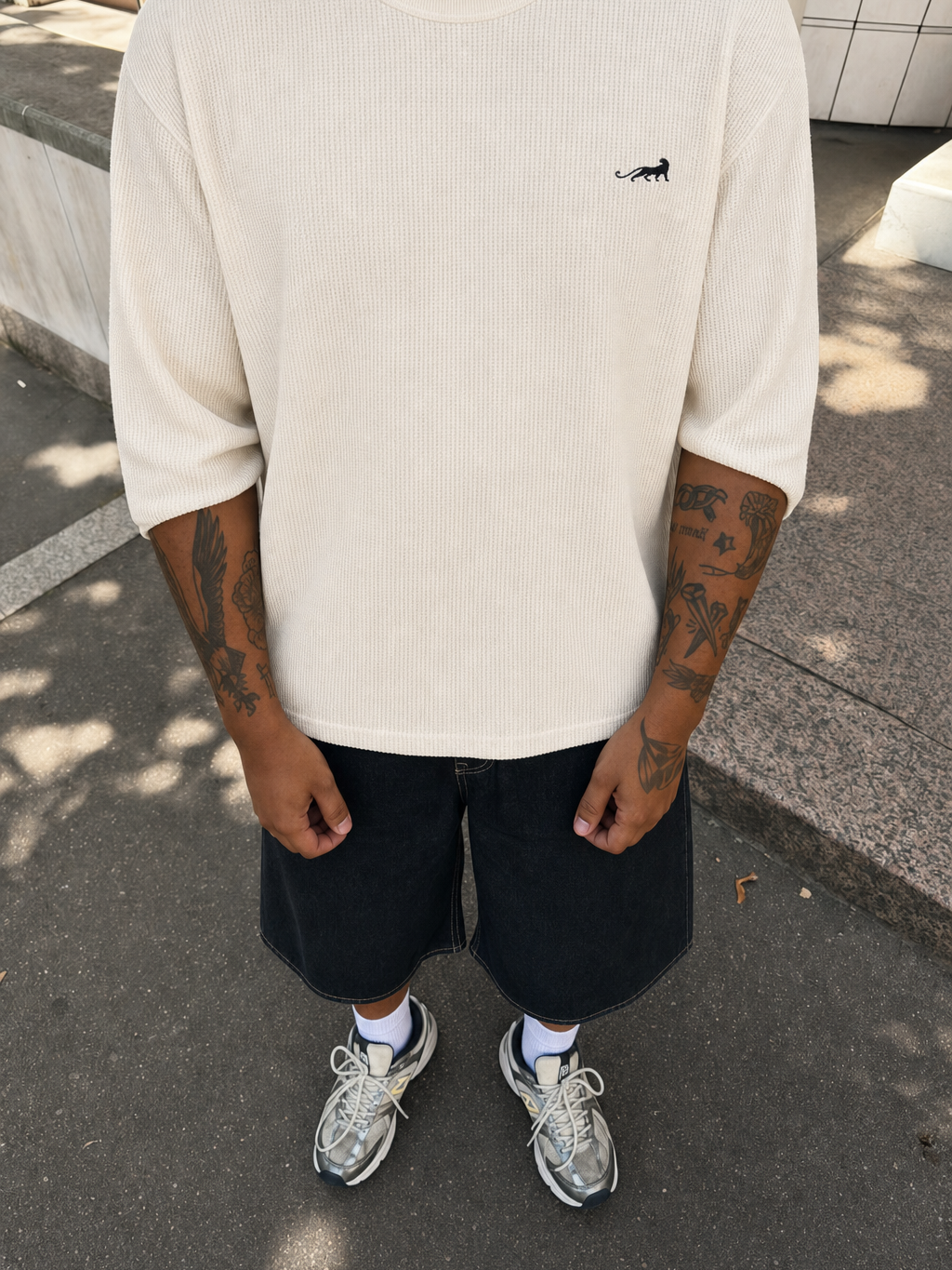 Reserve Relaxed Waffle Tee - Ivory Sand – model front