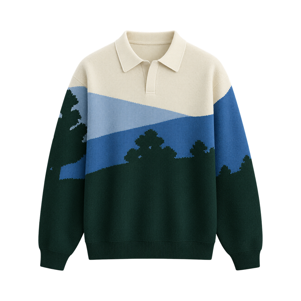 Alpine Landscape Polo Sweater – Forest Green