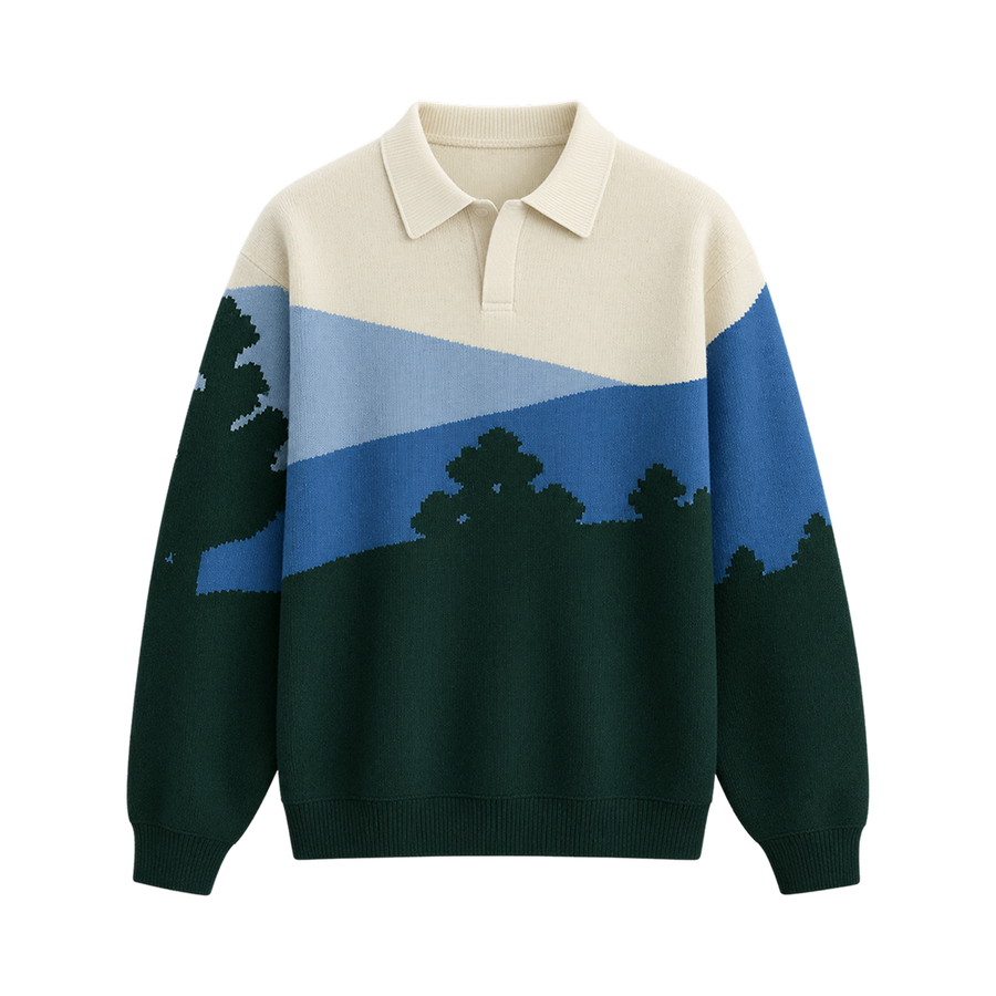Alpine Landscape Polo Sweater – Forest Green