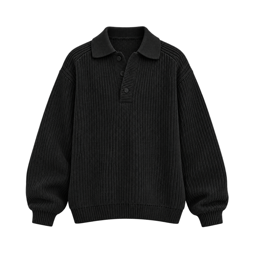 Classic Ribbed Polo Sweater – Jet Black