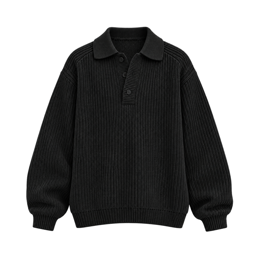 Classic Ribbed Polo Sweater – Jet Black