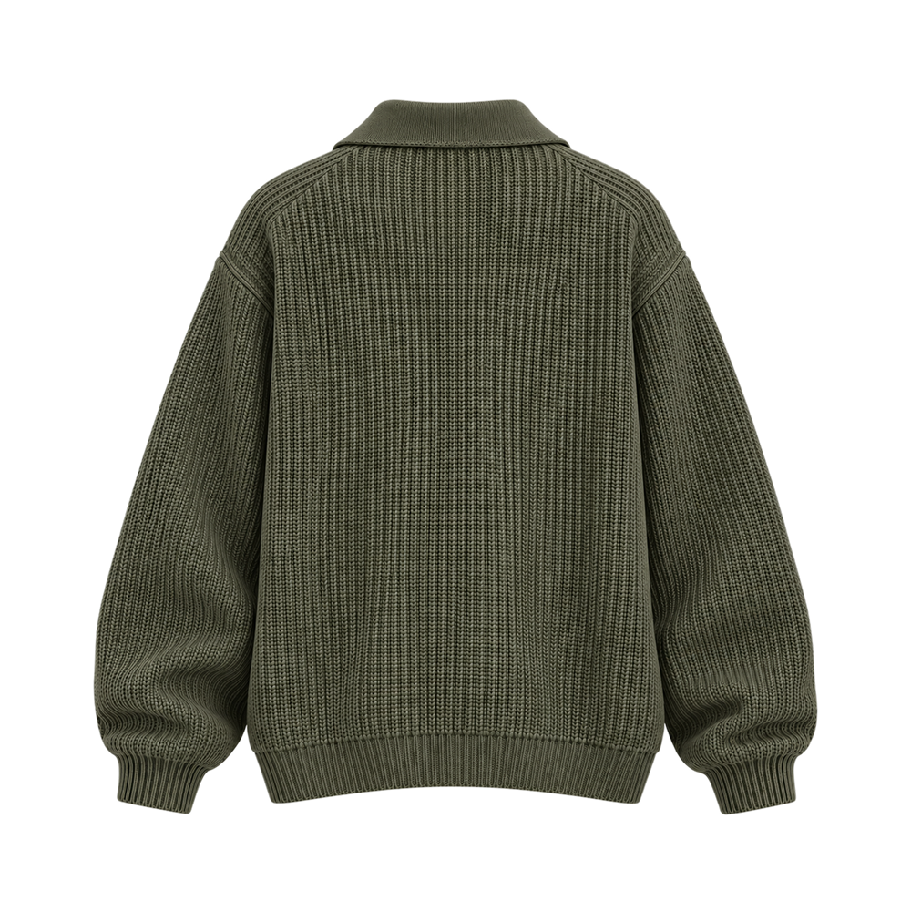 Classic Ribbed Polo Sweater – Olive Green