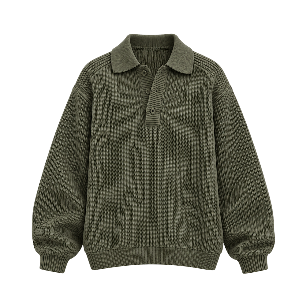 Classic Ribbed Polo Sweater – Olive Green