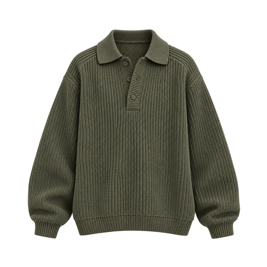 Classic Ribbed Polo Sweater – Olive Green