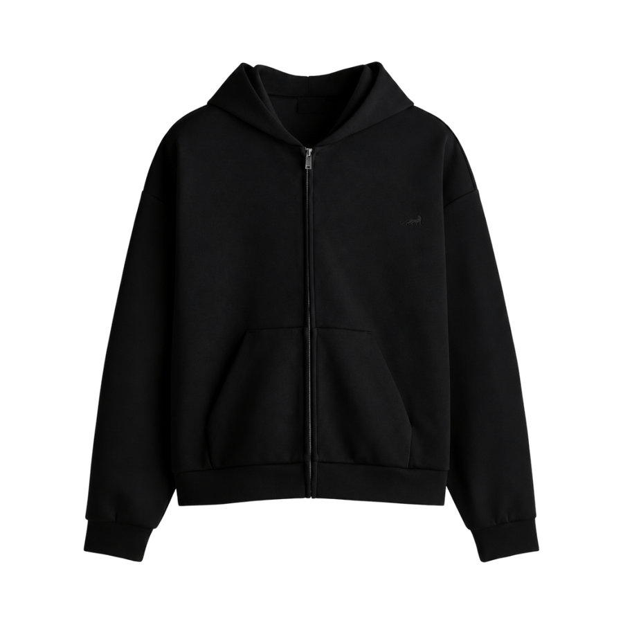 Signature Relaxed Zip Hoodie – Midnight Black