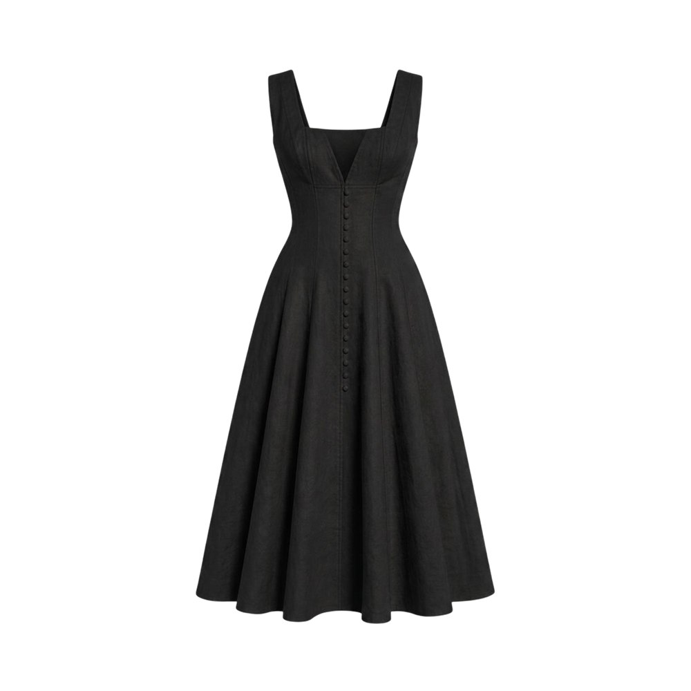 Valeria Gathered Square Neck Midi Dress - Black