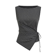 Valeria Pinstripe Asymmetric Wrap Top - Charcoal Pinstripe