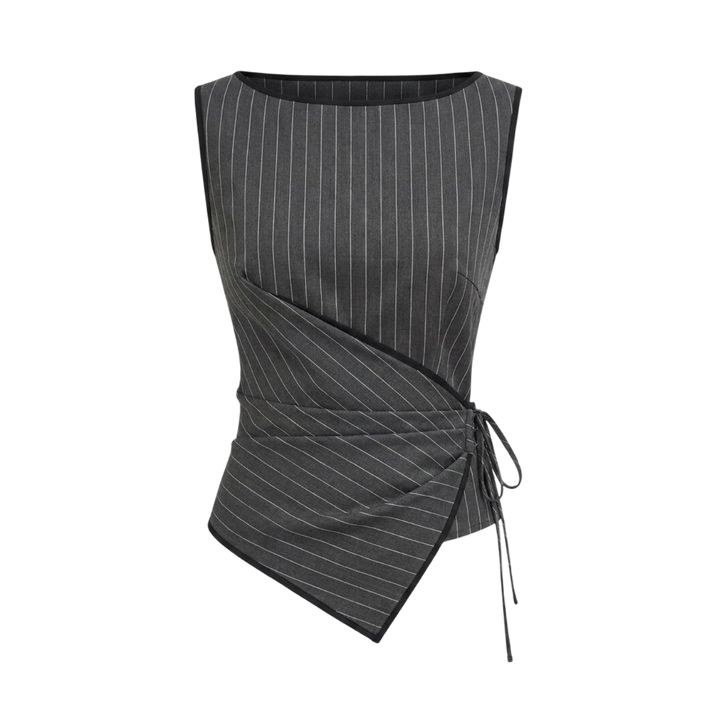 Valeria Pinstripe Asymmetric Wrap Top - Charcoal Pinstripe