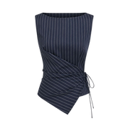 Valeria Pinstripe Asymmetric Wrap Top - Navy Pinstripe