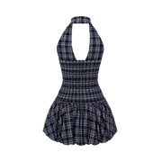Valeria Plaid Halter Ruffle Dress - Navy Blue