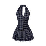 Valeria Plaid Halter Ruffle Dress - Navy Blue