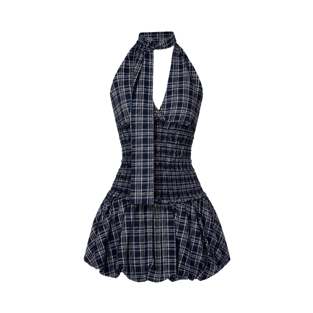 Valeria Plaid Halter Ruffle Dress - Navy Blue