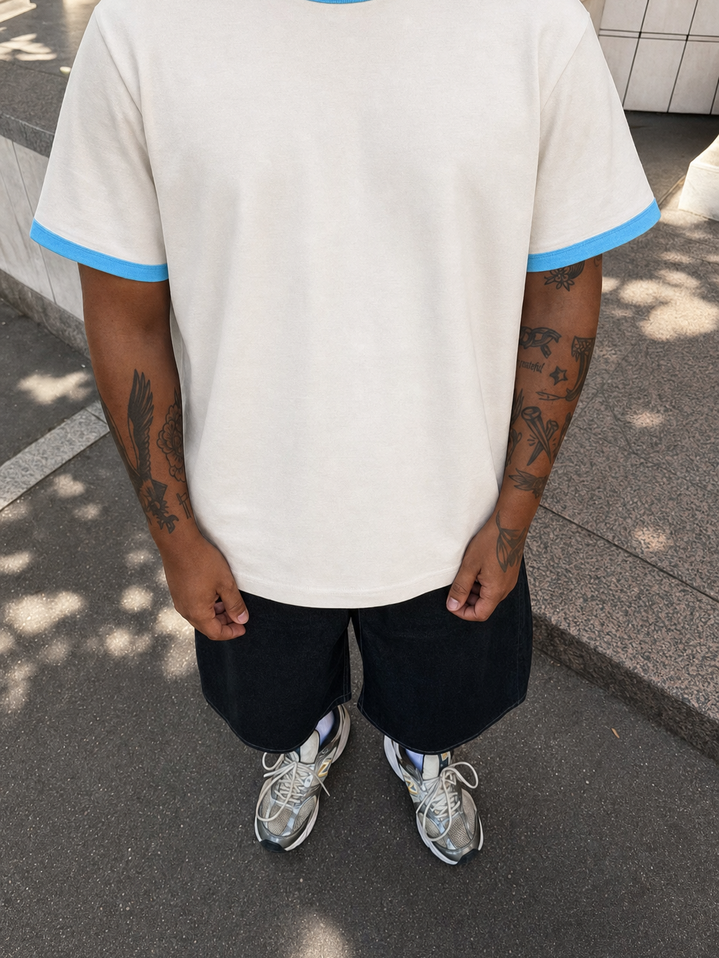 Coastline Ringer Tee – Sky Blue – model front