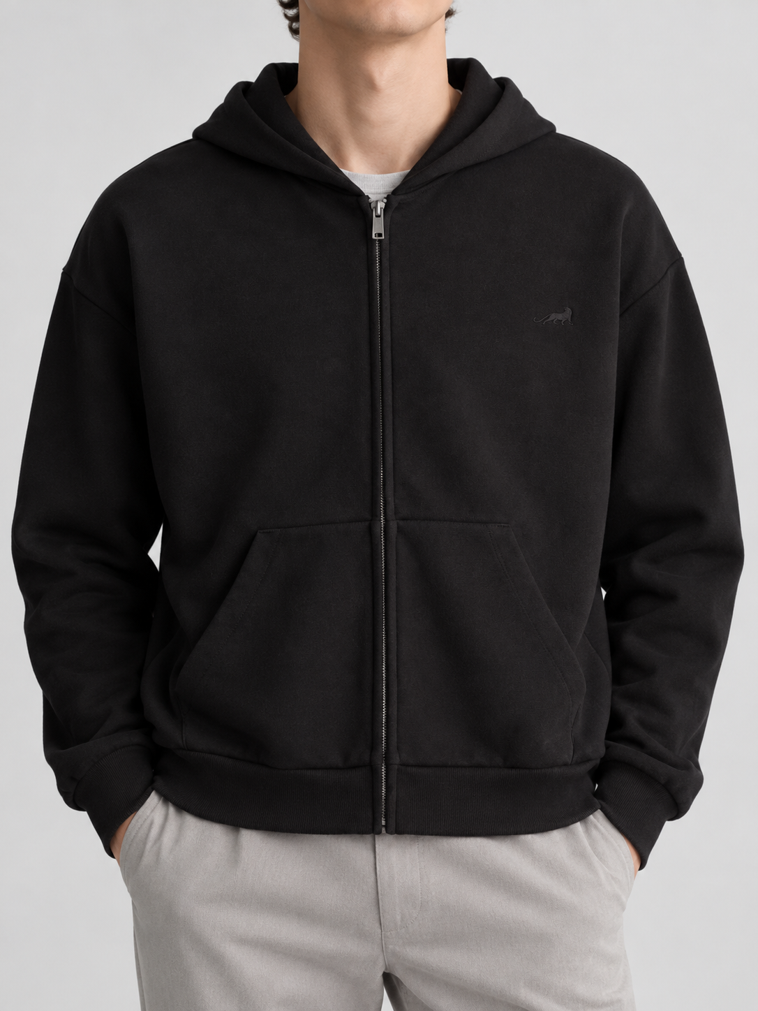 Signature Relaxed Zip Hoodie – Midnight Black