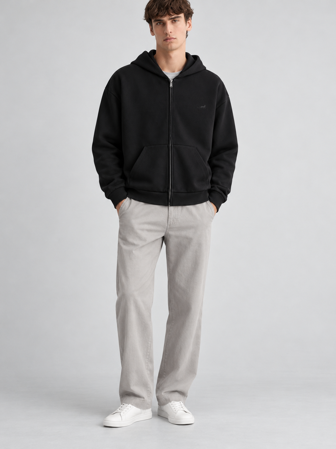 Signature Relaxed Zip Hoodie – Midnight Black