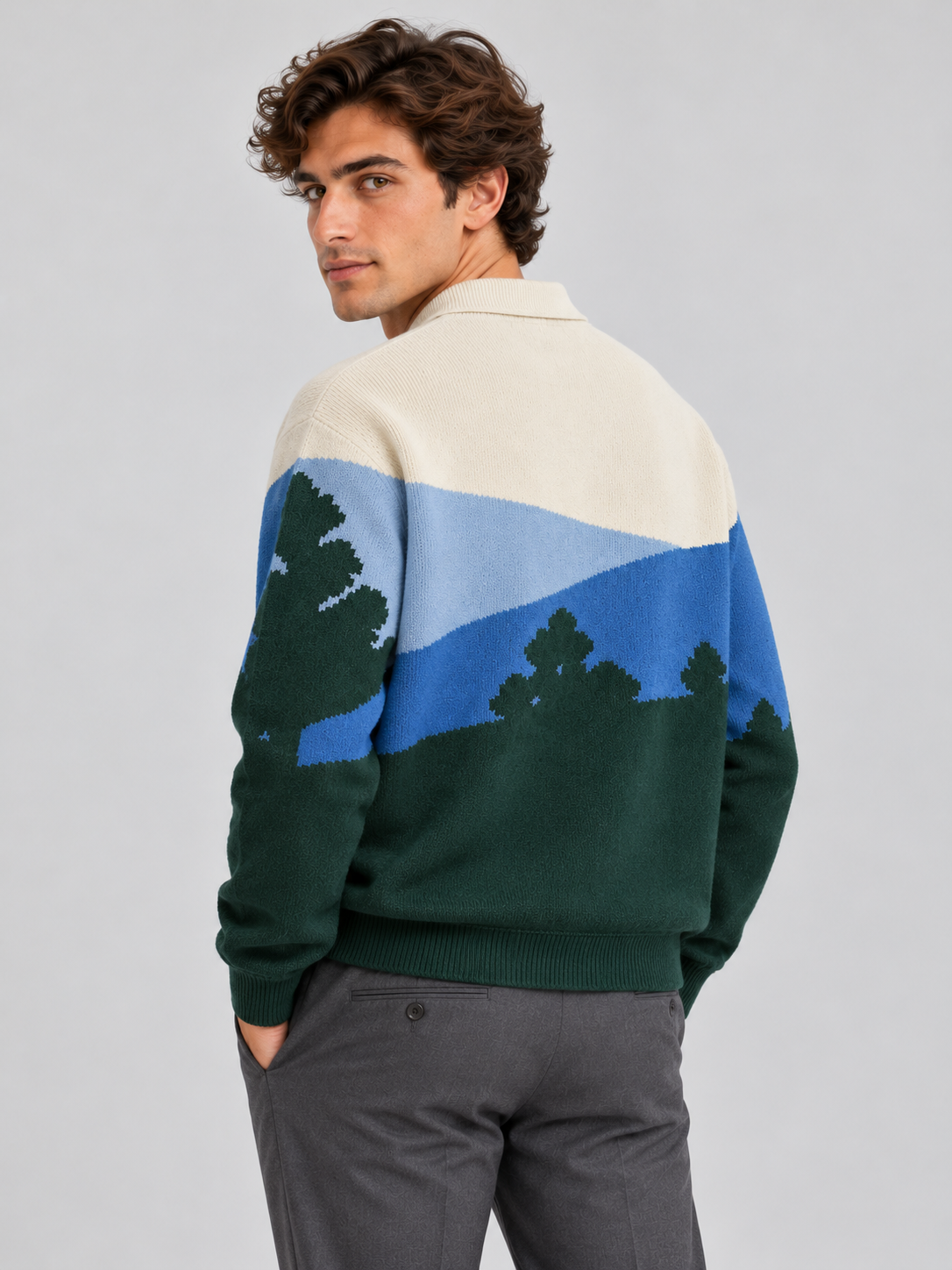 Alpine Landscape Polo Sweater – Forest Green