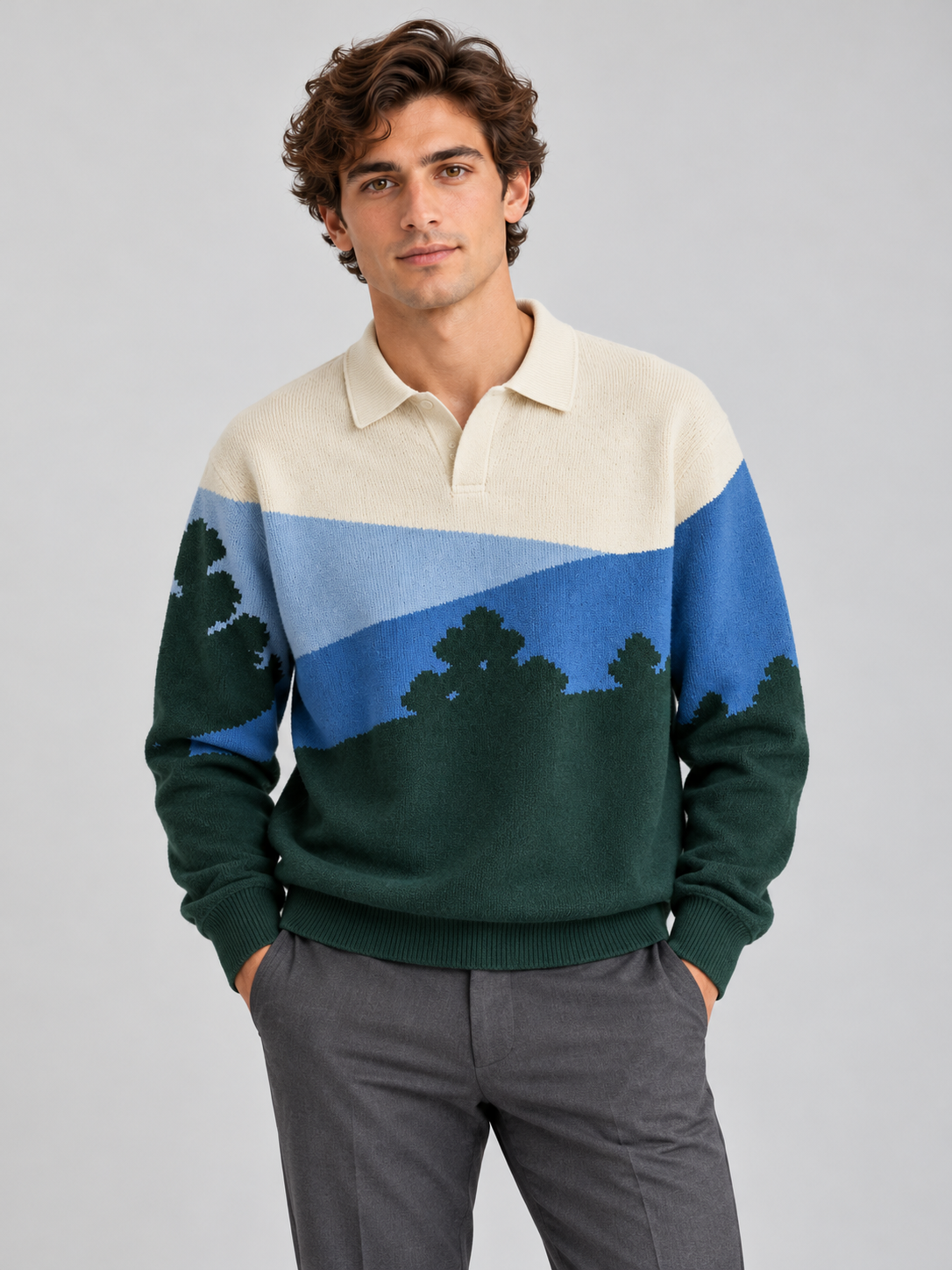 Alpine Landscape Polo Sweater – Forest Green