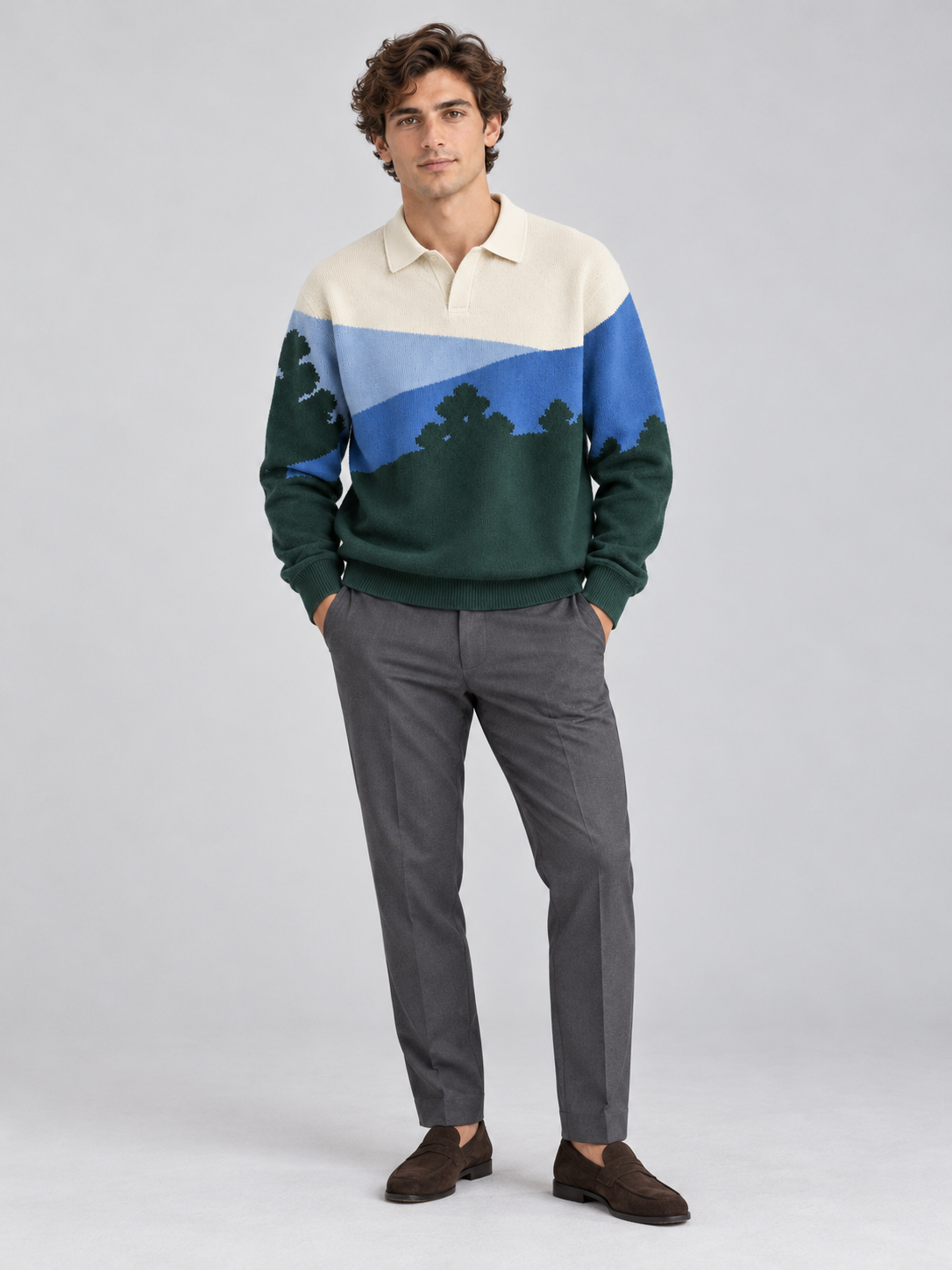 Alpine Landscape Polo Sweater – Forest Green