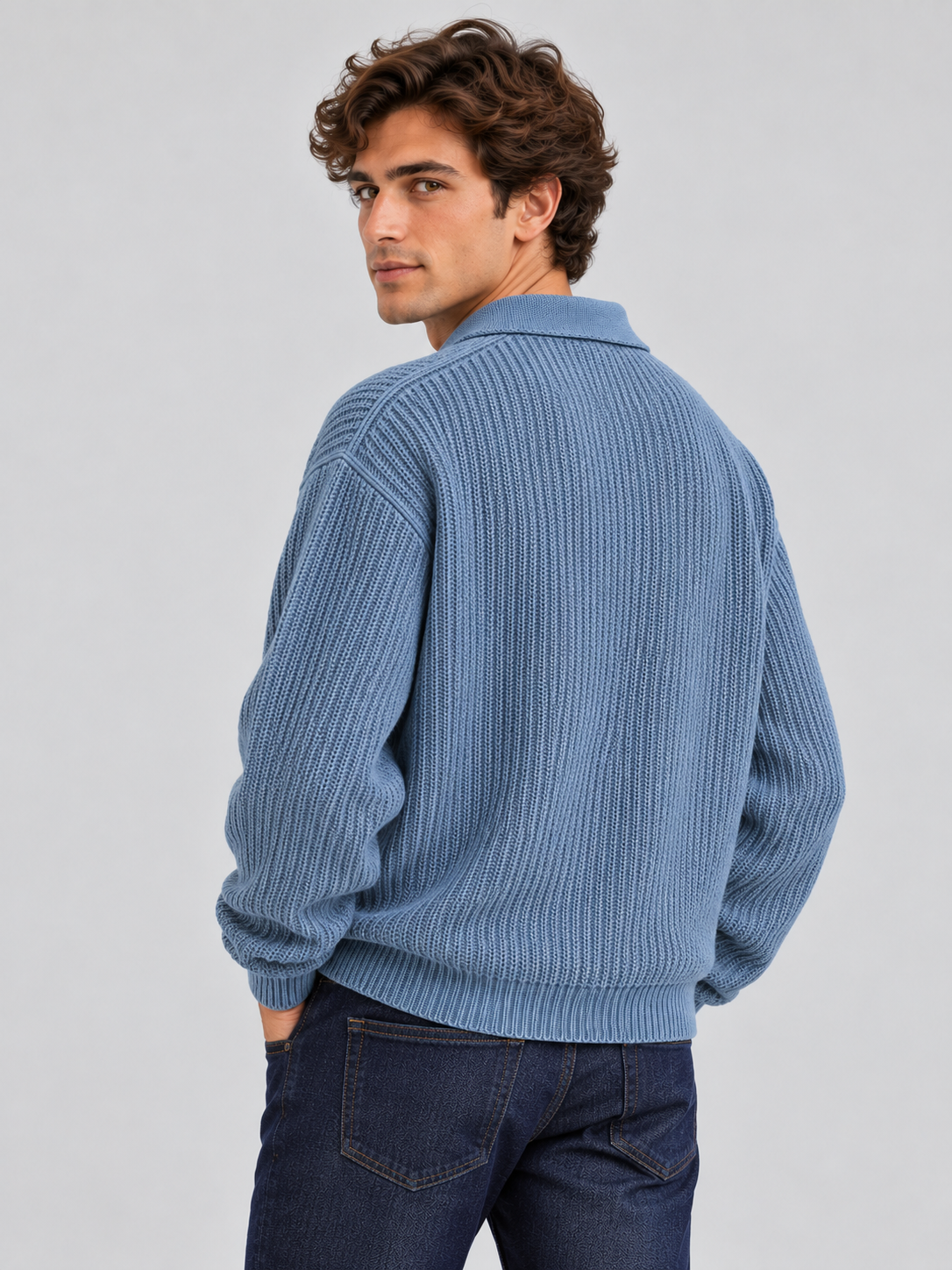 Classic Ribbed Polo Sweater – Dusty Blue
