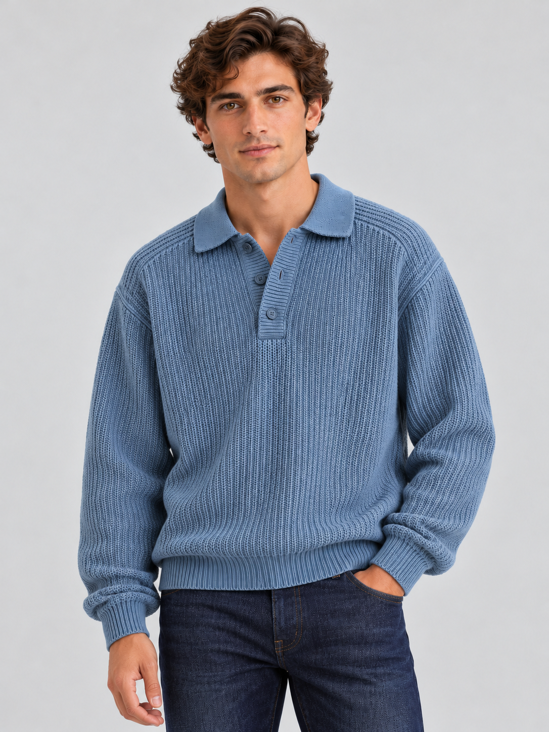 Classic Ribbed Polo Sweater – Dusty Blue