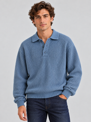 Classic Ribbed Polo Sweater – Dusty Blue