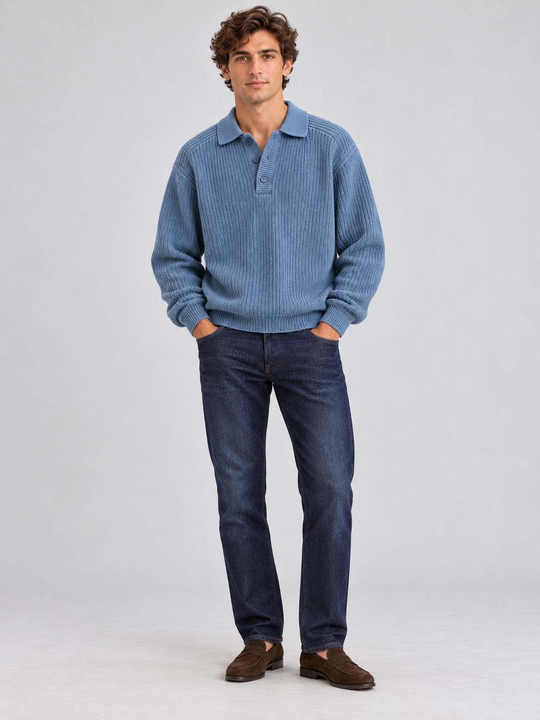 Classic Ribbed Polo Sweater – Dusty Blue