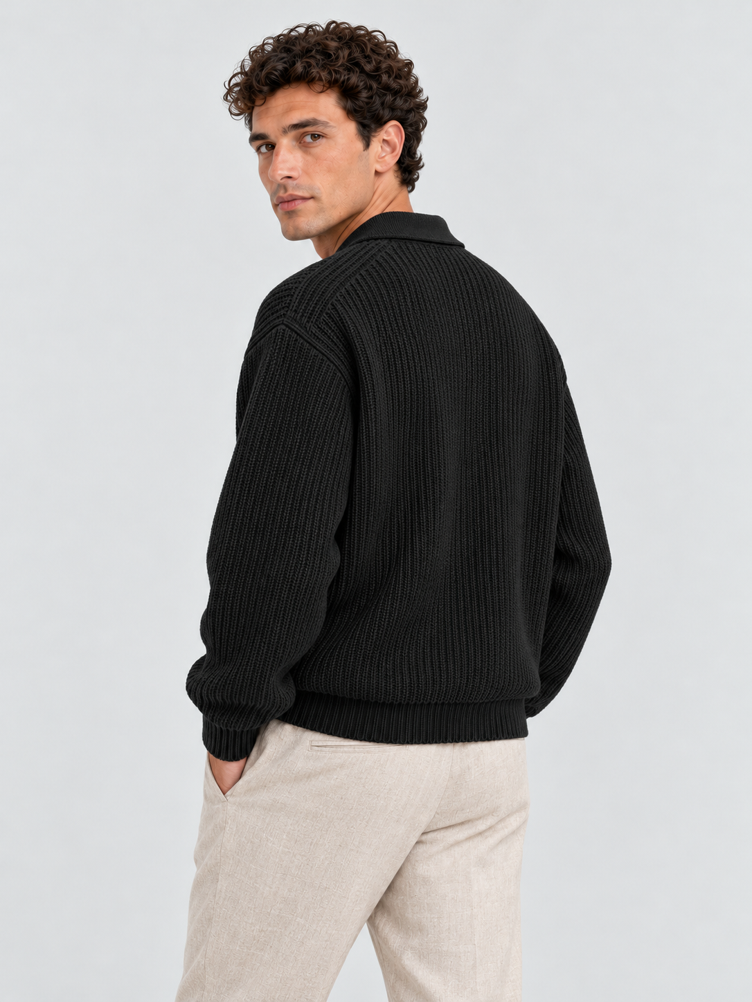 Classic Ribbed Polo Sweater – Jet Black