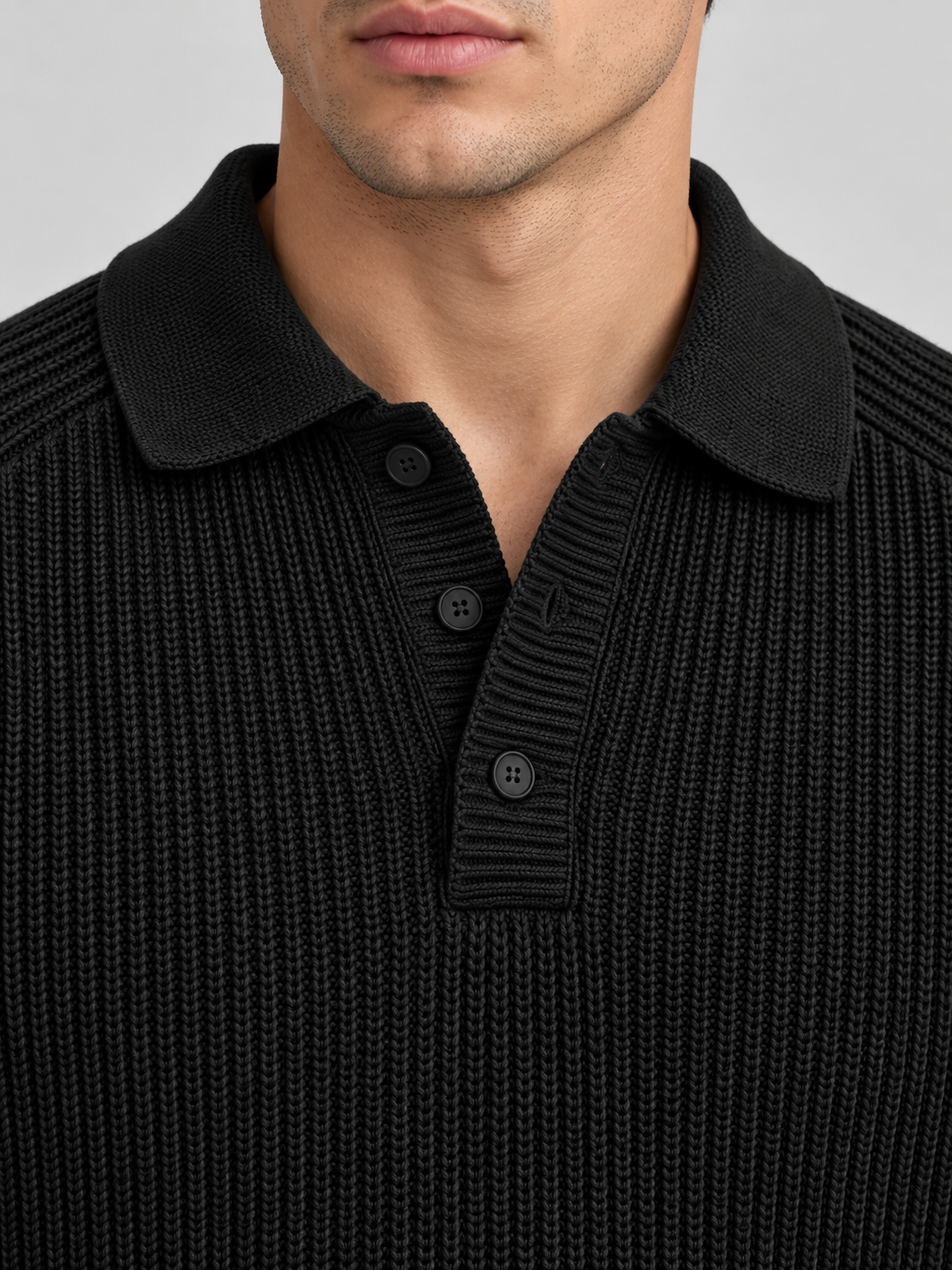 Classic Ribbed Polo Sweater – Jet Black