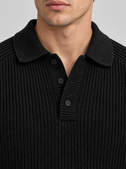 Classic Ribbed Polo Sweater – Jet Black