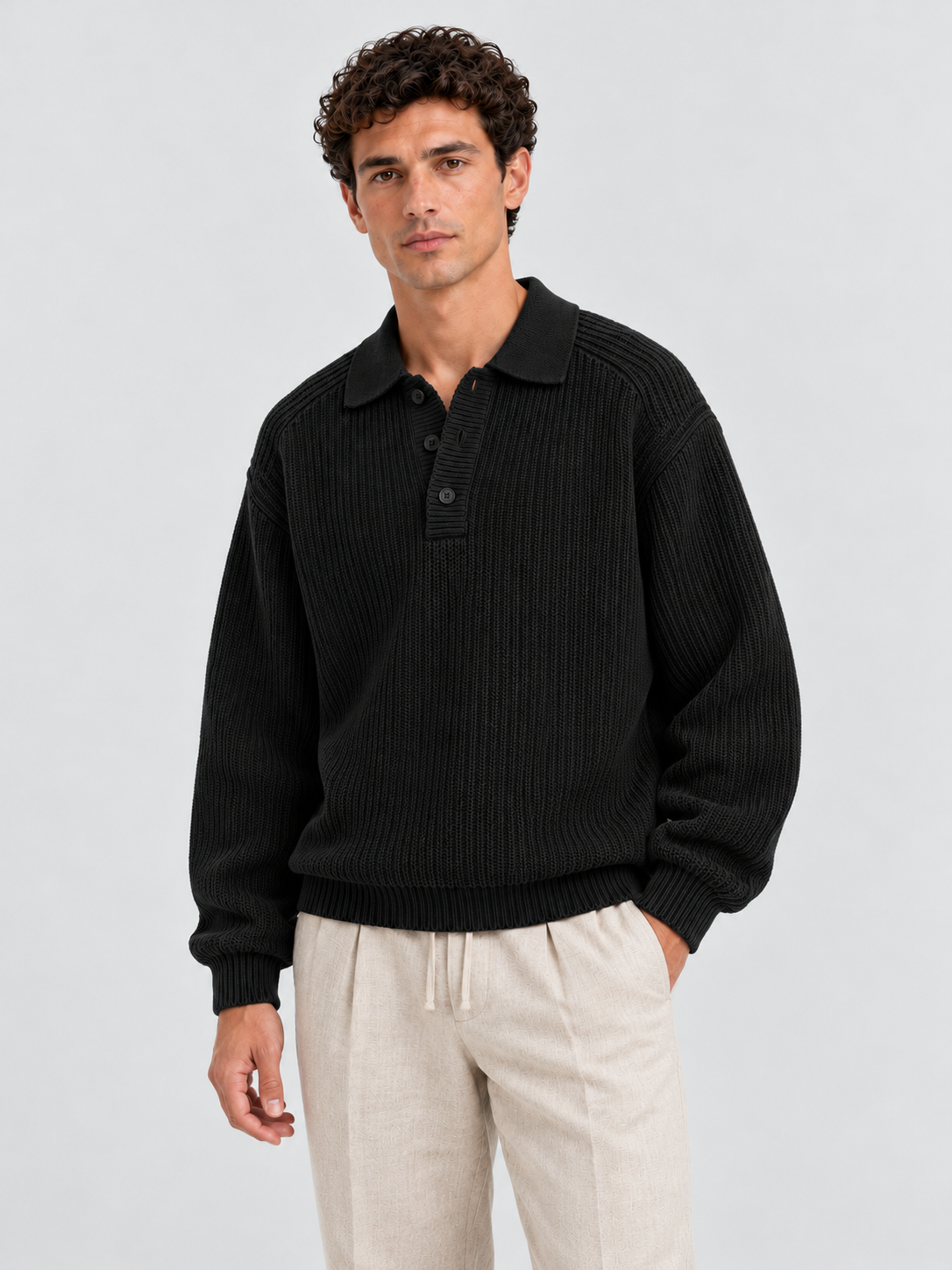 Classic Ribbed Polo Sweater – Jet Black