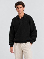 Classic Ribbed Polo Sweater – Jet Black