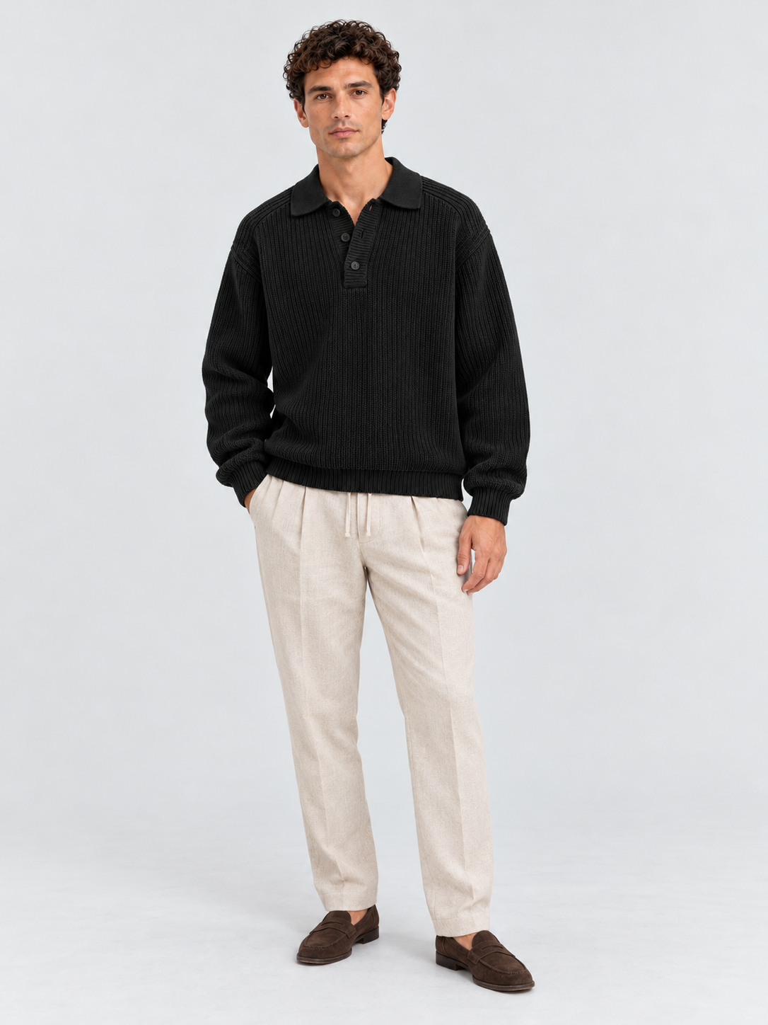 Classic Ribbed Polo Sweater – Jet Black