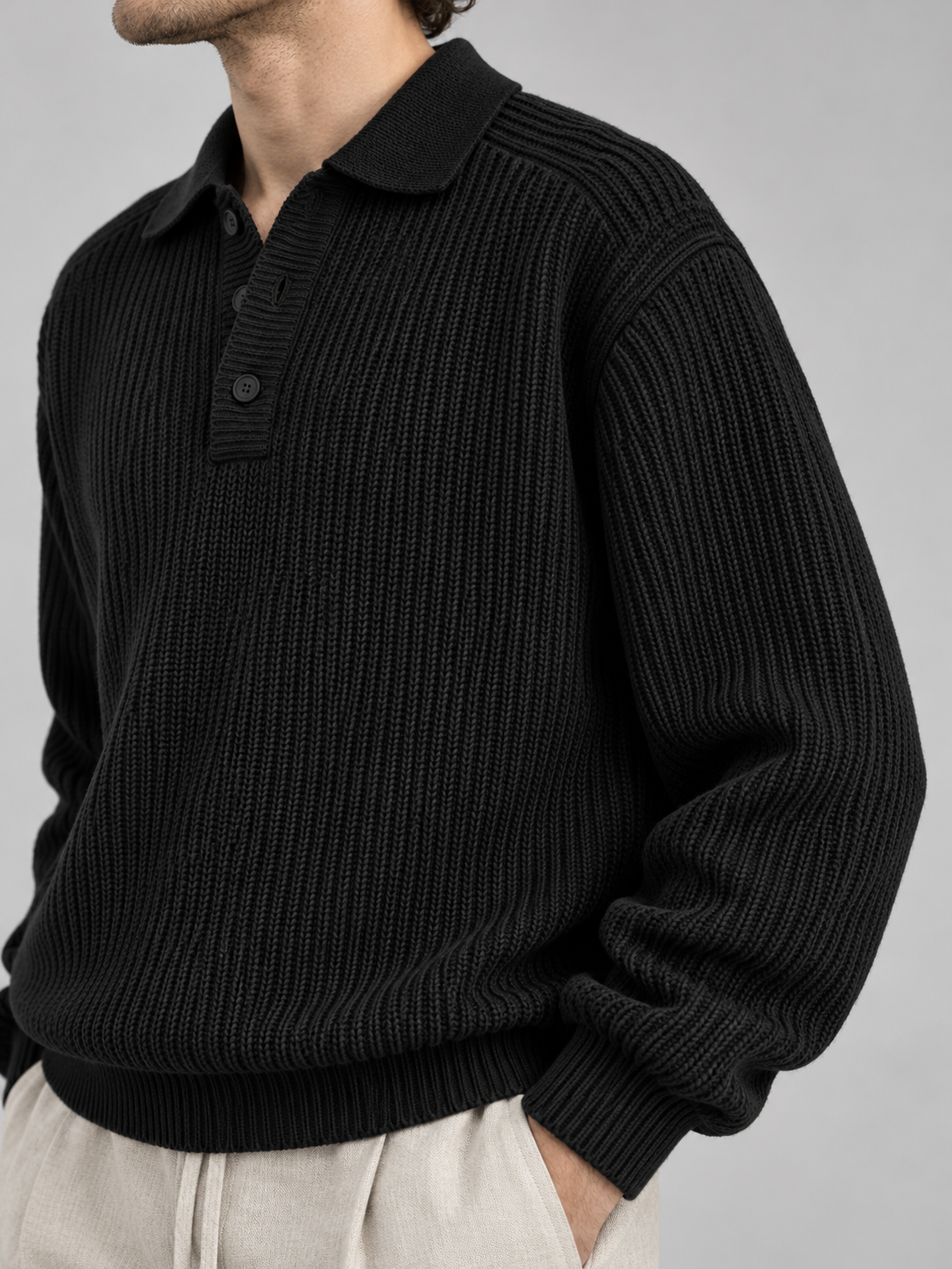 Classic Ribbed Polo Sweater – Jet Black