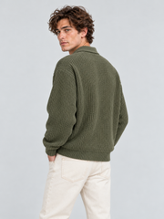 Classic Ribbed Polo Sweater – Olive Green