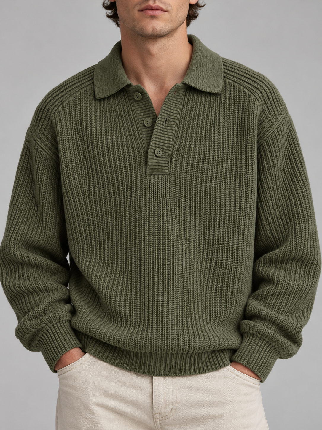 Classic Ribbed Polo Sweater – Olive Green