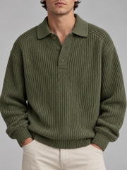 Classic Ribbed Polo Sweater – Olive Green