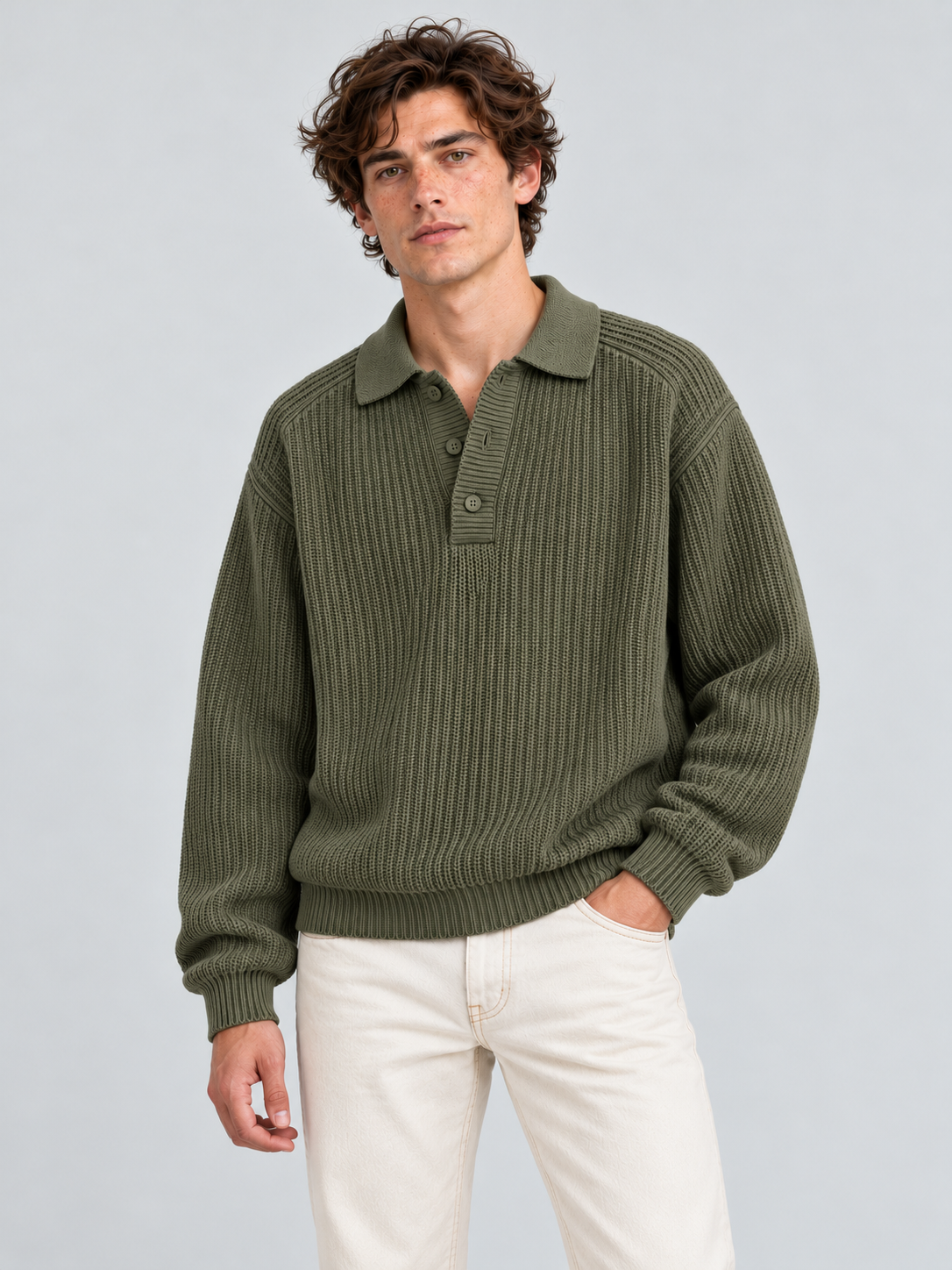 Classic Ribbed Polo Sweater – Olive Green