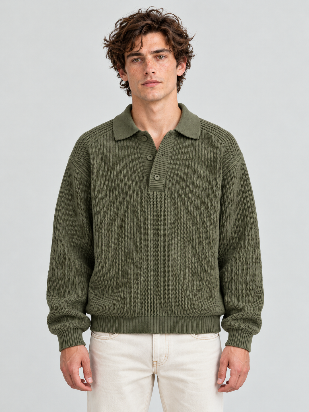 Classic Ribbed Polo Sweater – Olive Green
