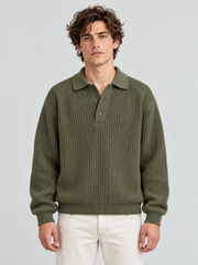 Classic Ribbed Polo Sweater – Olive Green