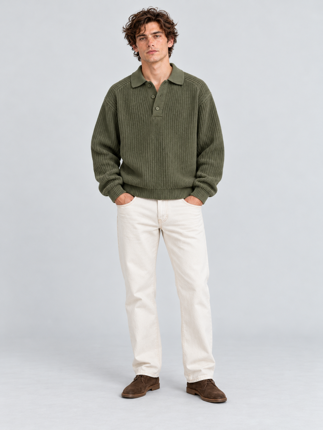 Classic Ribbed Polo Sweater – Olive Green