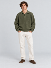Classic Ribbed Polo Sweater – Olive Green