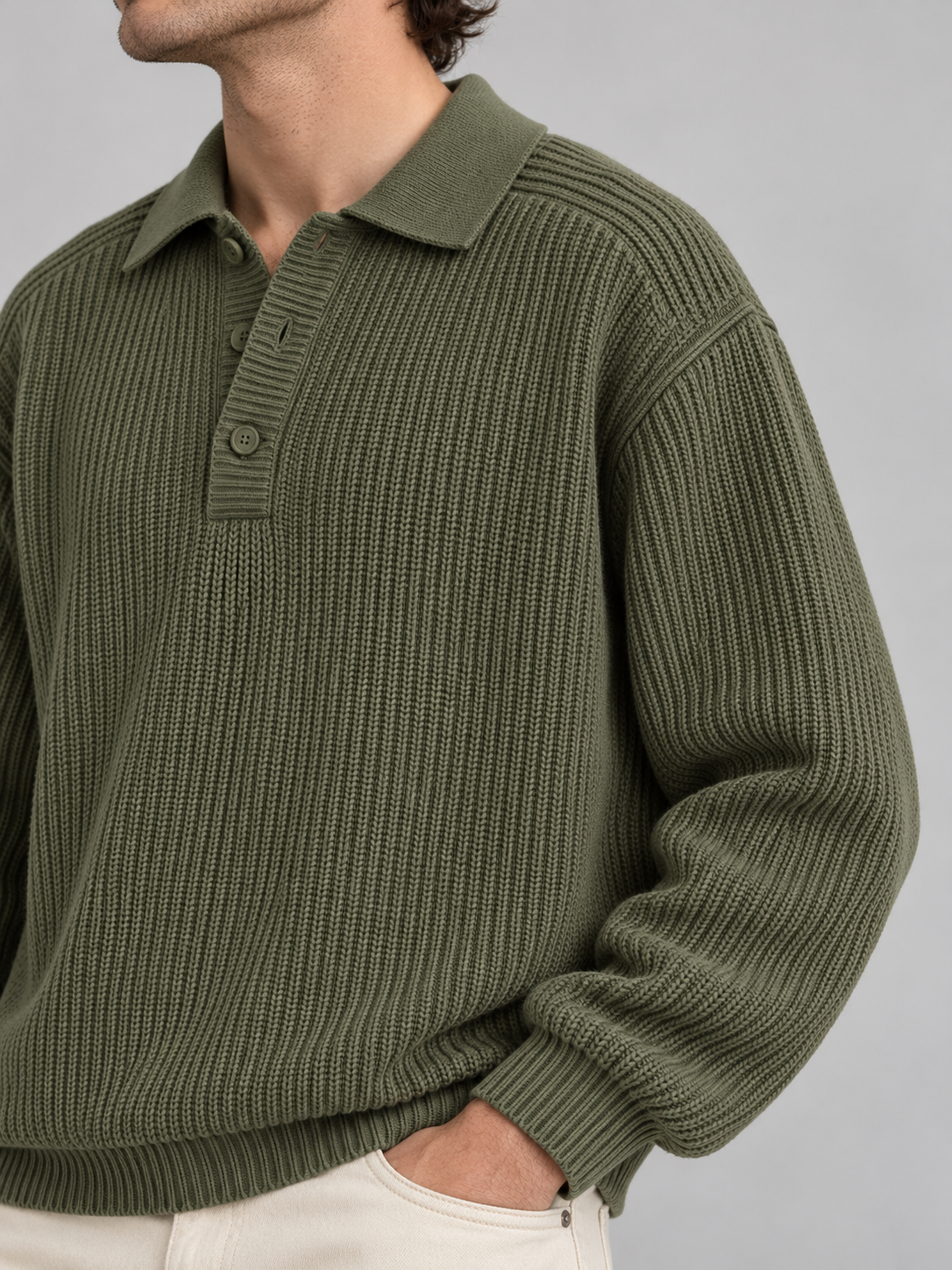 Classic Ribbed Polo Sweater – Olive Green