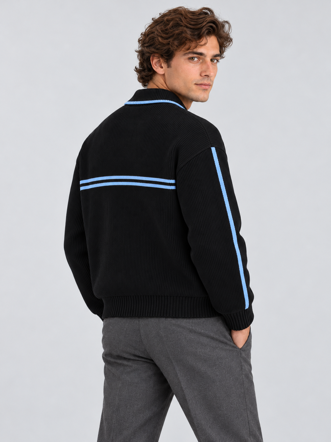 Varsity Stripe Knit Jacket – Black Blue
